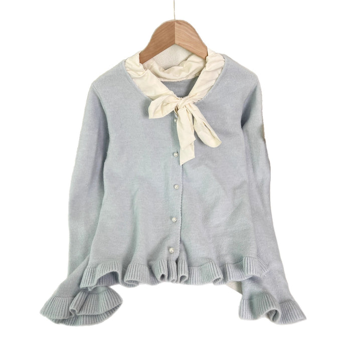 Damen elegante Strickjacke mit Rüschen und Schleifenkragen Drune