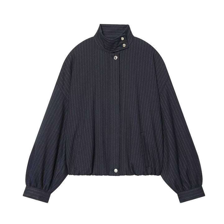 Damen Kurze Nadelstreifen-Blousonjacke mit Stehkragen, Ballonärmeln und elastischem Saum Drune