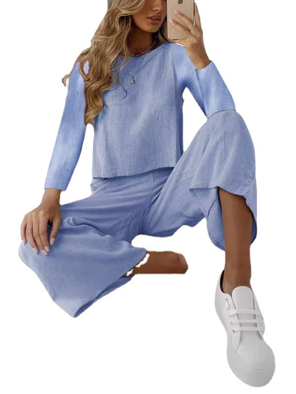 Damen Lässiges Leinenoptik-Zweiteiler Set mit Oversize-Langarmtop und weiter Palazzo-Hose Drune