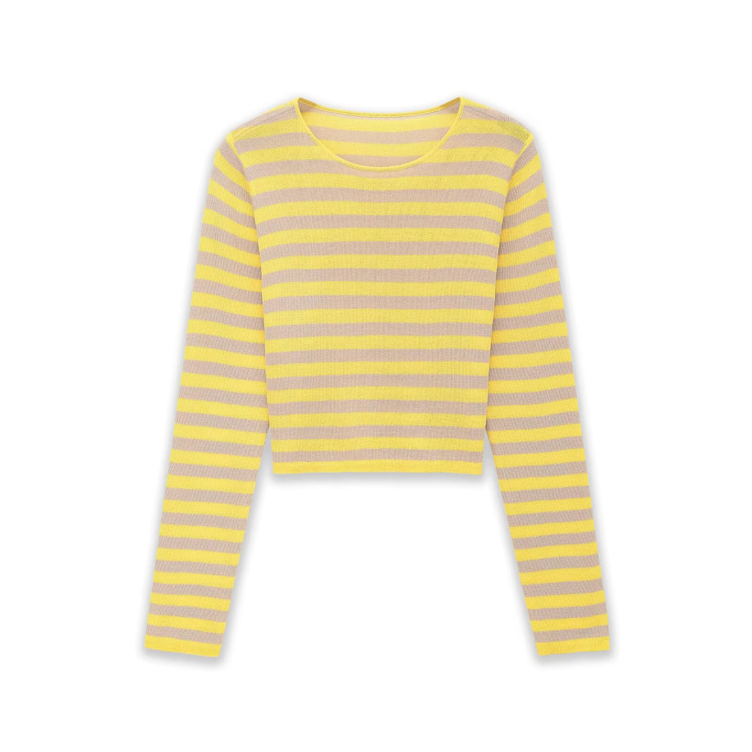 Damen Gestreifter Cropped Feinstrickpullover mit Rundhalsausschnitt Drune