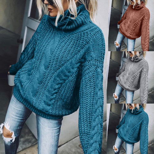 Damen nan Oversized Strickpullover mit grobem Zopfmuster und Rollkragen Drune