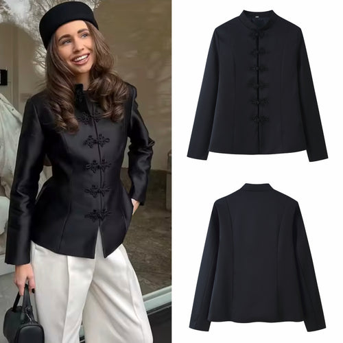 Damen Taillierter Mandarin-Blazer mit Froschknöpfen und formenden Abnähern Drune