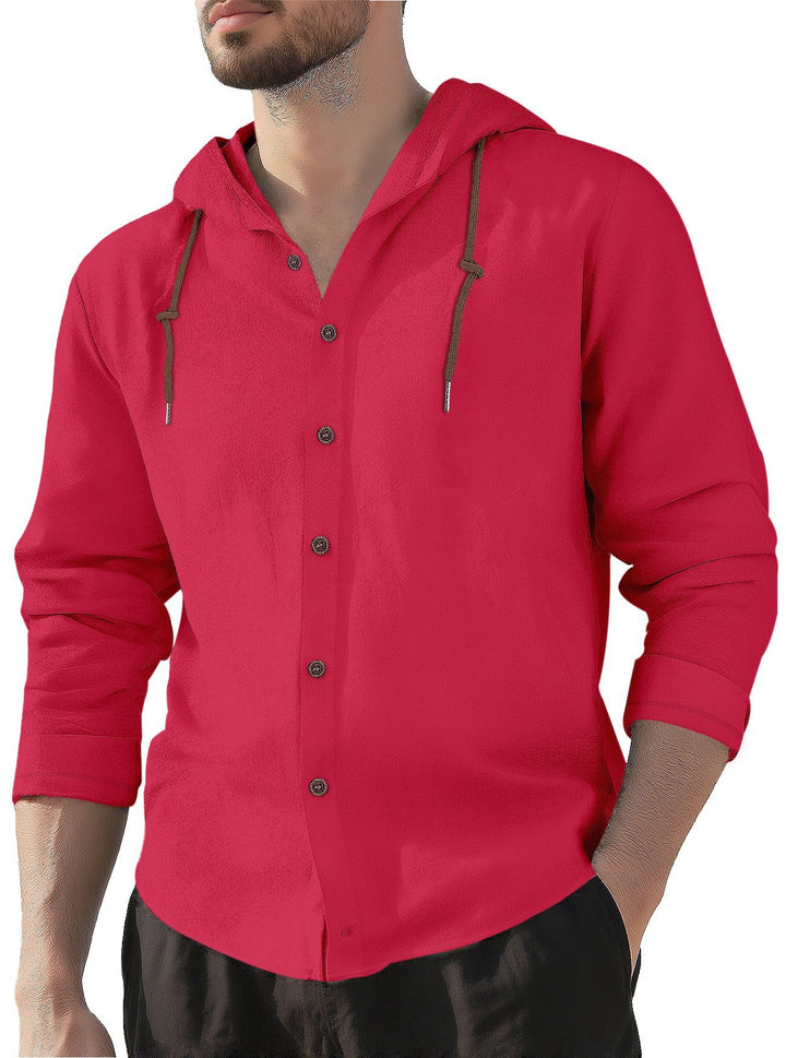 Herren nan Kapuzenhemd im Leinen-Look mit durchgehender Knopfleiste und Kordelzug Drune