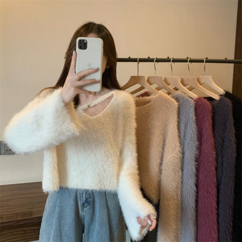 Damen Flauschiger Pulli mit lässigem Schnitt und tiefem V-Ausschnitt Drune