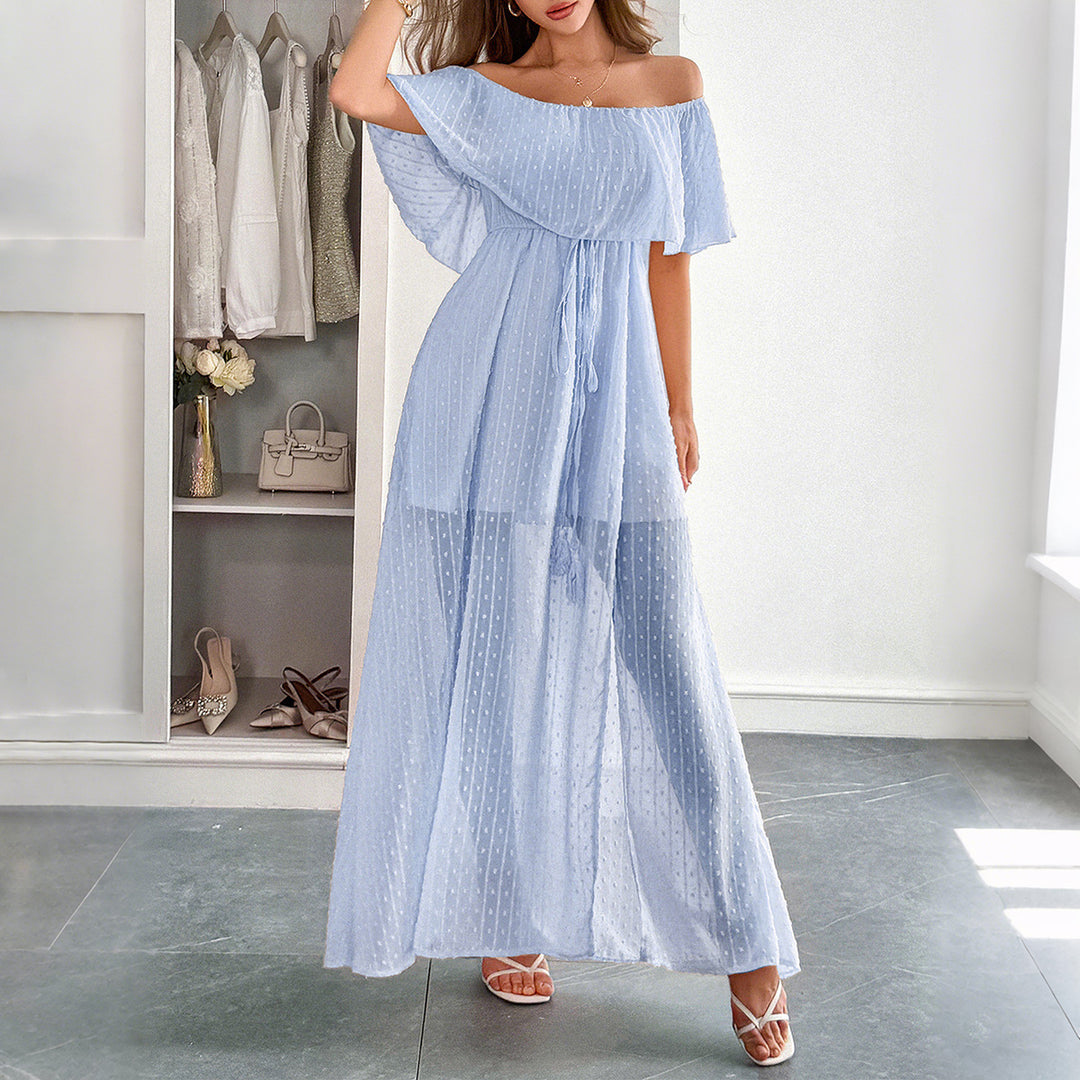 Damen Off-Shoulder Maxikleid mit feinem Punktedesign und Taillenbindung Drune