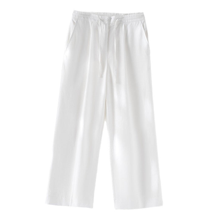 Damen Culotte-ähnliche Leinenhose mit Tunnelzug, Bundfalten und geradem Bein Drune