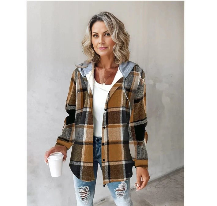 Damen lässige Flanelljacke mit Kapuze und modischem Karomuster Drune