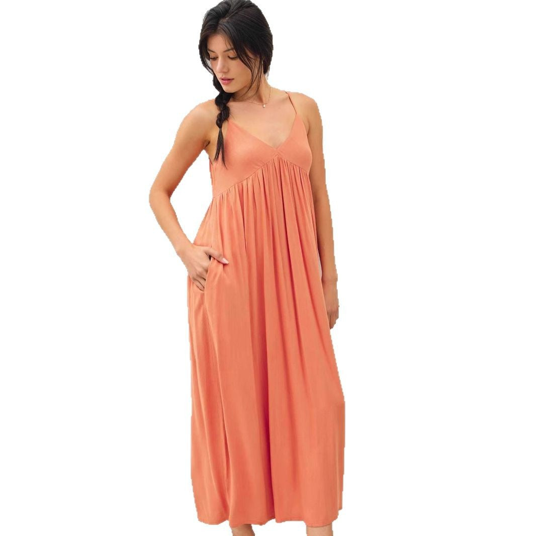 Damen luftiges Maxikleid mit Spaghettiträgern und raffiniertem Schnitt Drune