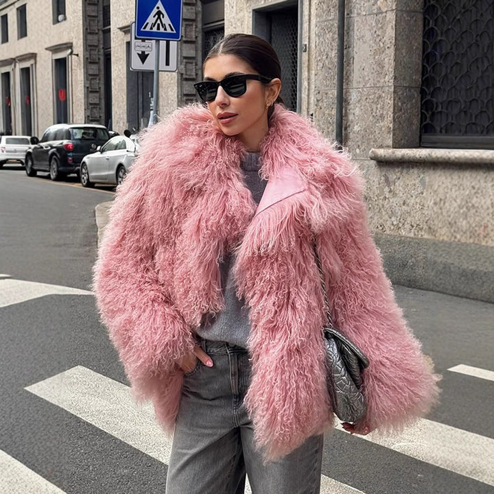Damen Kurz geschnittener Shaggy Fauxfur Mantel mit voluminösem Schalkragen und Oversize-Silhouette Drune