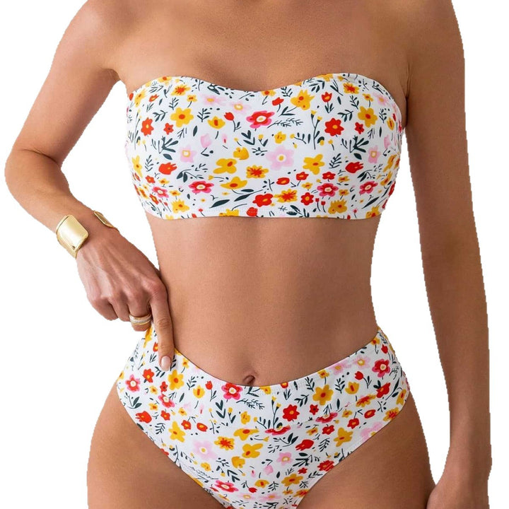 Damen Bandeau-Bikini mit hoch geschnittenem Unterteil und floralem Print Drune