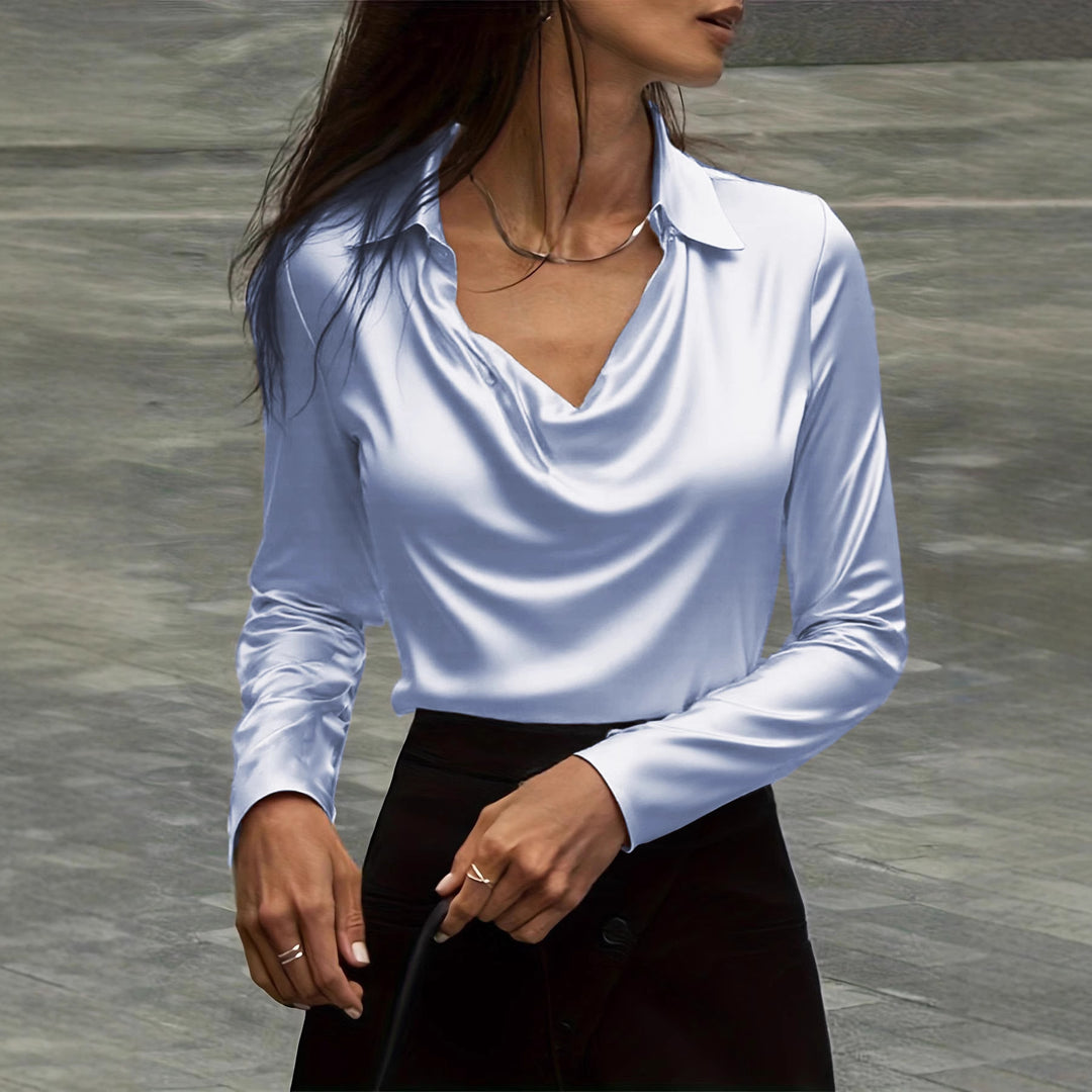Damen Satinbluse mit Wasserfallkragen und Hemdkragen Drune