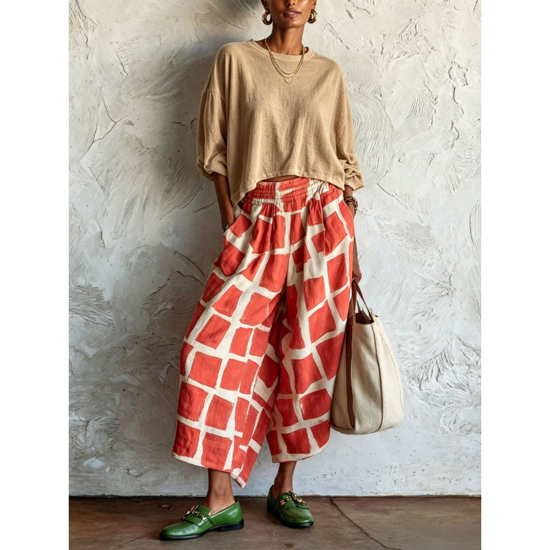 Damen Gemusterte Culotte-Palazzohose mit weitem Bein, elastischem Bund und Eingrifftaschen Drune