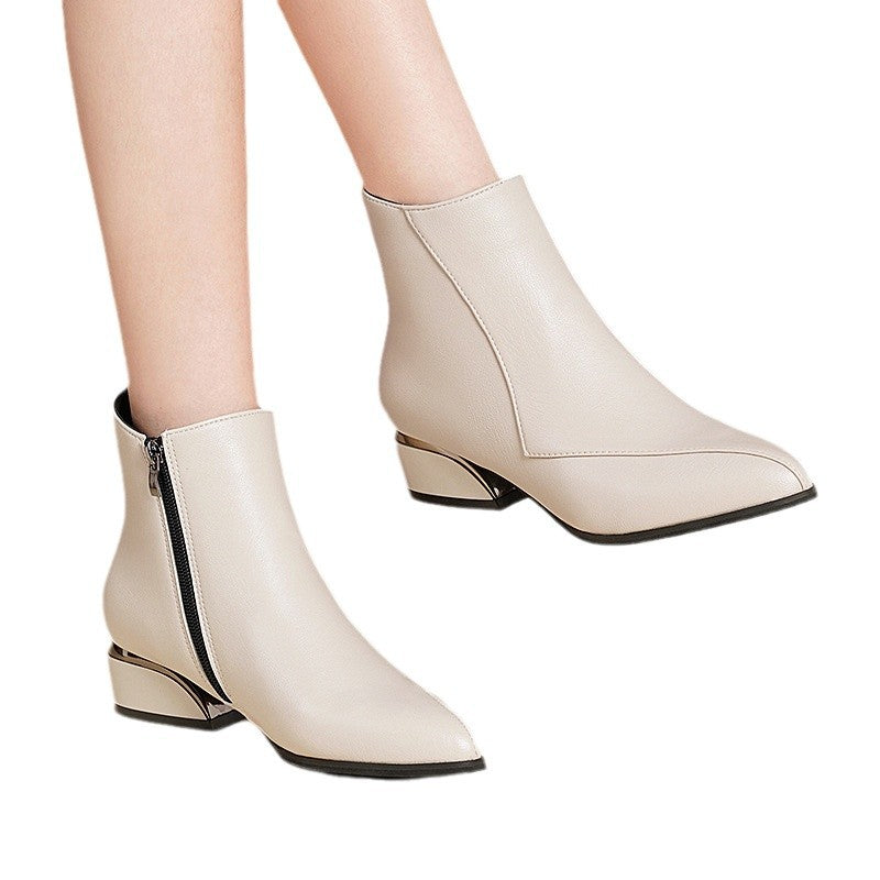 Damen nan elegante Kurzstiefelette mit spitz zulaufender Vorderkappe seitlichem Reißverschluss und metallischem Blockabsatz Drune