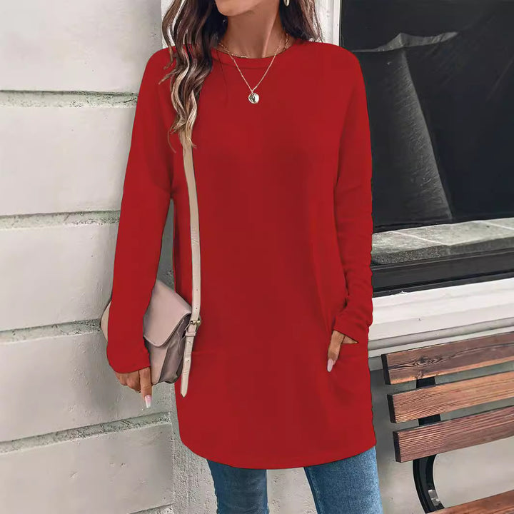 Weit geschnittene lange Tunika für Damen mit rundem Ausschnitt, seitlichen Taschen und weichem Jersey Drune