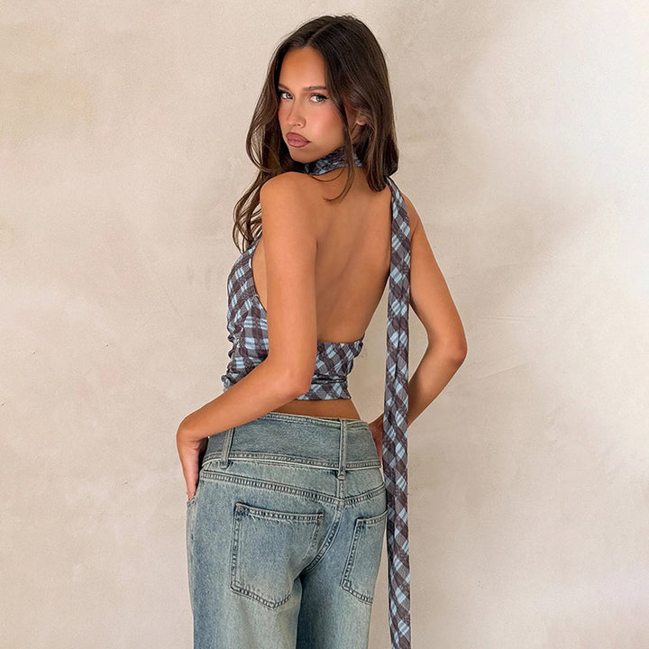 Damen Crop Top mit Raffung und modischem Karo-Muster Drune