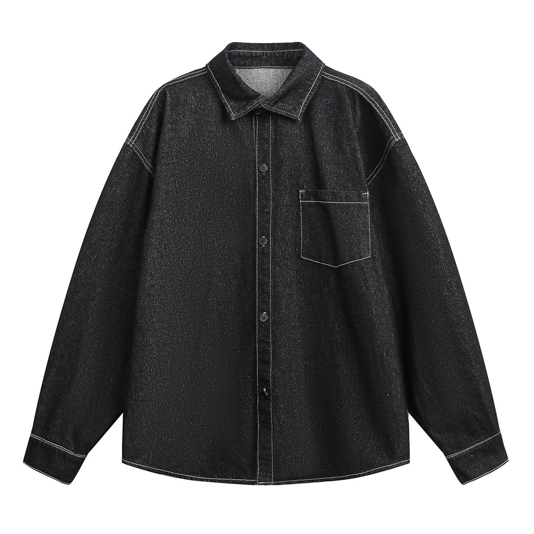 Unisex Oversize Jeanshemdjacke mit Brusttasche und kastigem Schnitt Drune