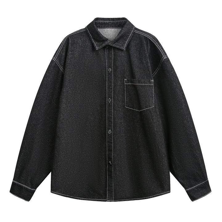 Unisex Weit geschnittene Jeanshemdjacke aus Denim mit Kontrastnähten und aufgesetzter Brusttasche Drune