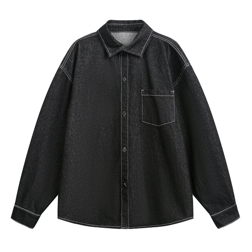 Unisex Weit geschnittene Jeanshemdjacke aus Denim mit Kontrastnähten und aufgesetzter Brusttasche Drune