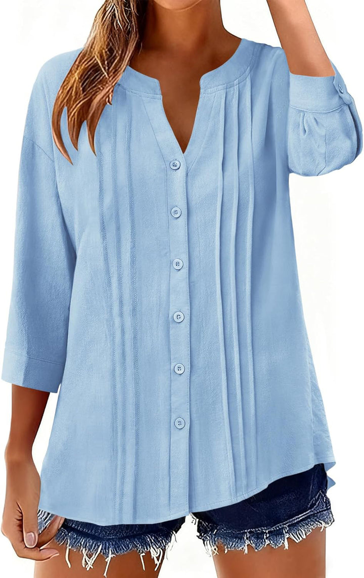 Damen Lockeres Tunikashirt mit Kellerfalten und dreiviertel Ärmeln Drune