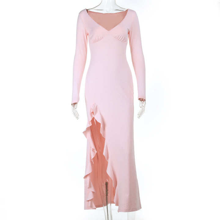 Damen elegantes Maxikleid mit Rüschen und tiefem Ausschnitt Drune