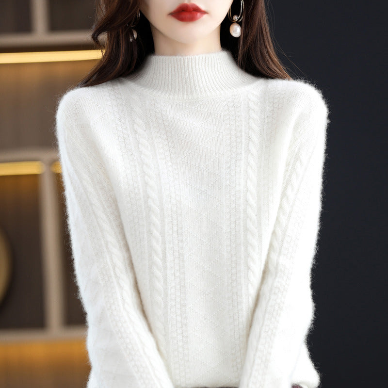 Damen Weicher Mohair‑Optik Mockneck‑Pullover mit Zopfmotiv und feinem Rippkragen Drune