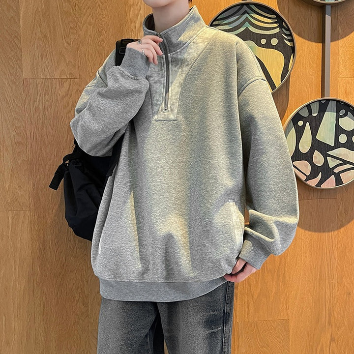 Herren Oversize Stehkragen-Halbzip-Sweatshirt mit Kängurutasche & Kontrast-Innenblende Drune