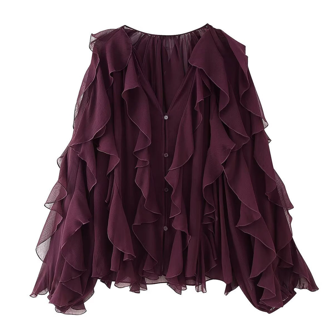 Damen Volant-Chiffonbluse mit Knopfleiste, gerafftem Ausschnitt und Ballonärmeln Drune