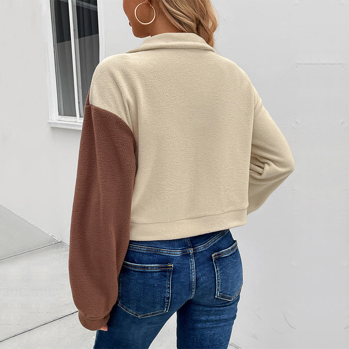 Damen Gekürzte Teddyjacke mit farbblockierten Ärmeln und Brusttaschen Drune