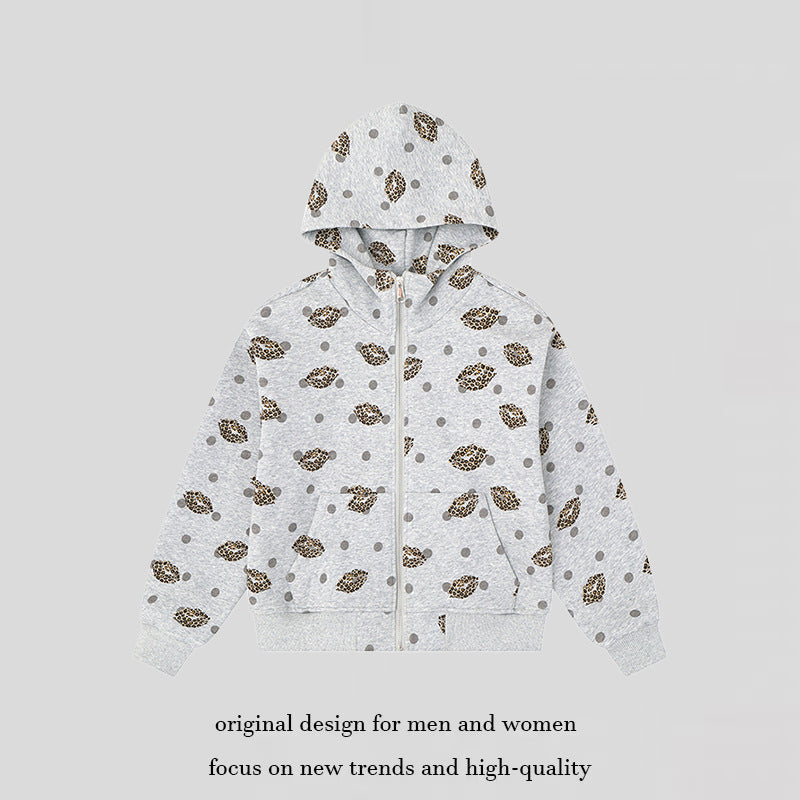 Damen Reißverschluss-Hoodie im Casual-Look mit Lippen‑Motiv und Punktmuster Drune
