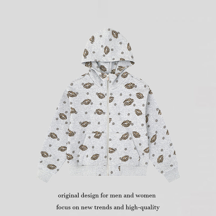Damen Reißverschluss-Hoodie im Casual-Look mit Lippen‑Motiv und Punktmuster Drune