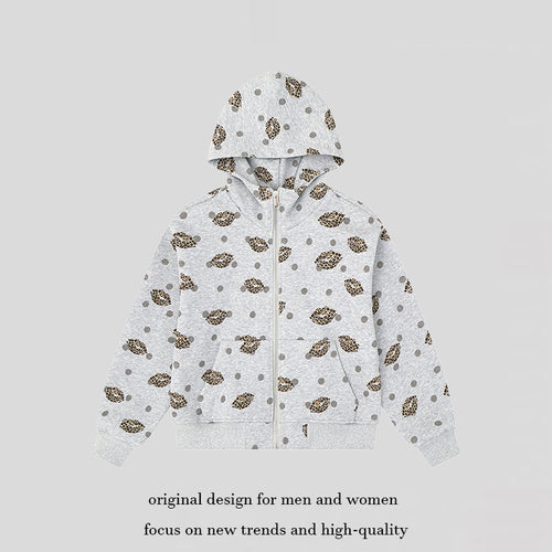 Damen Reißverschluss-Hoodie im Casual-Look mit Lippen‑Motiv und Punktmuster Drune