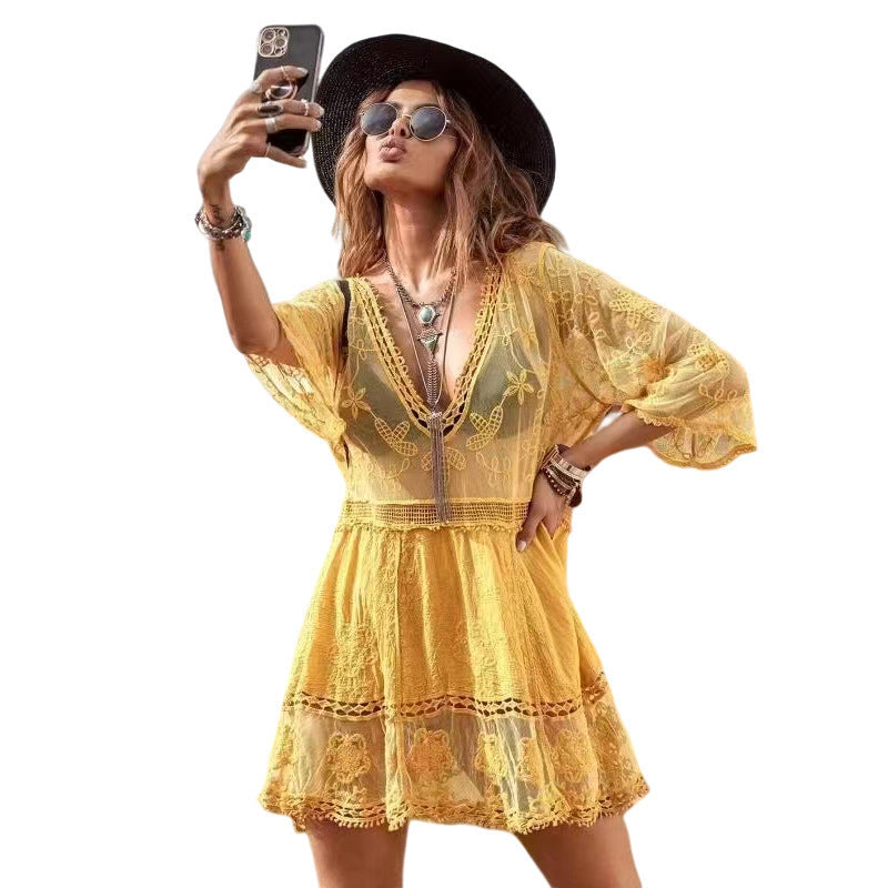 Damen luftiger Beachcover-Up mit aufwendiger Stickerei Drune