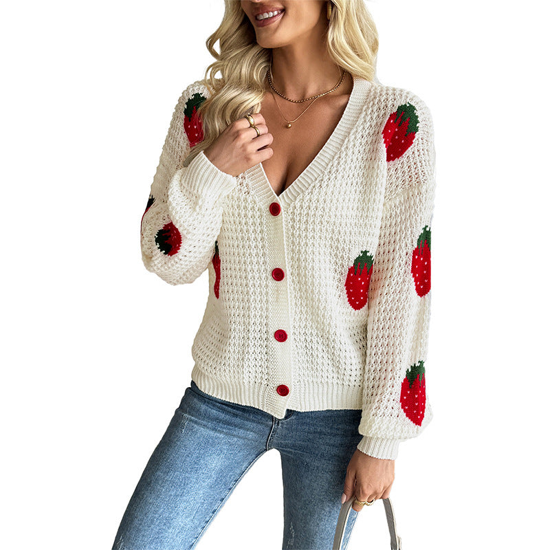 Damen Süßer Strickcardigan mit Erdbeer-Motiv Drune