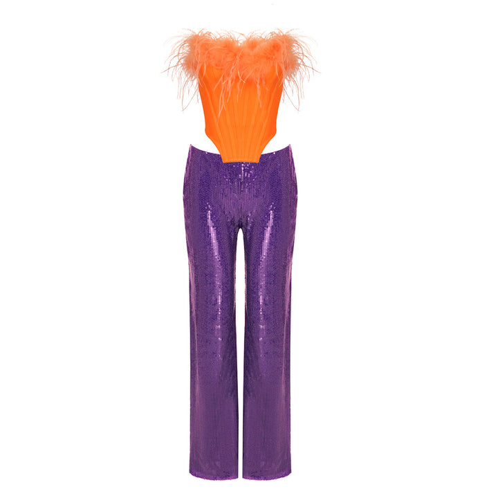Damen elegantes Glitter-Cocktail-Outfit mit Federbesatz und weit geschnittenen Hosen Drune