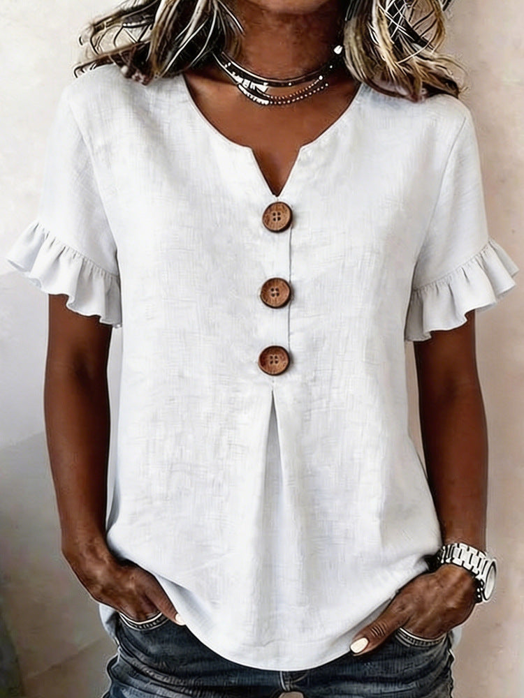 Damen Bluse mit Rüschendetails und Holzknöpfen Drune