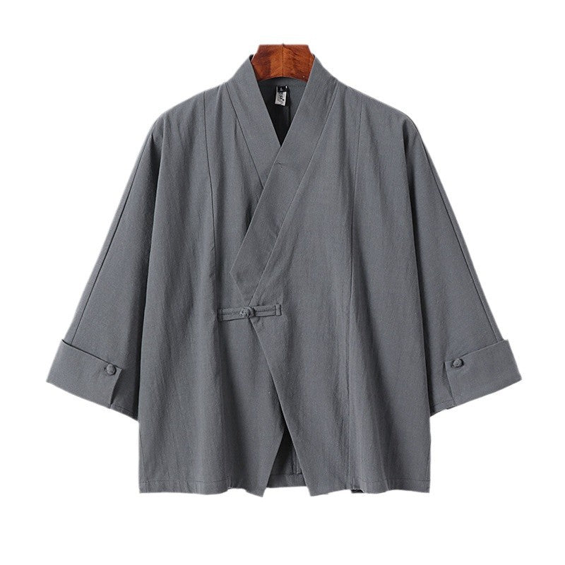Herren Leinen-Kimono-Jacke mit traditionellem Knotenverschluss und mittel-langen Ärmeln Drune