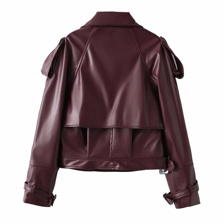 Damen nan cropped Kunstleder-Trenchblouson mit Schalkragen, Taillengürtel und verstellbaren Manschettenriemen Drune