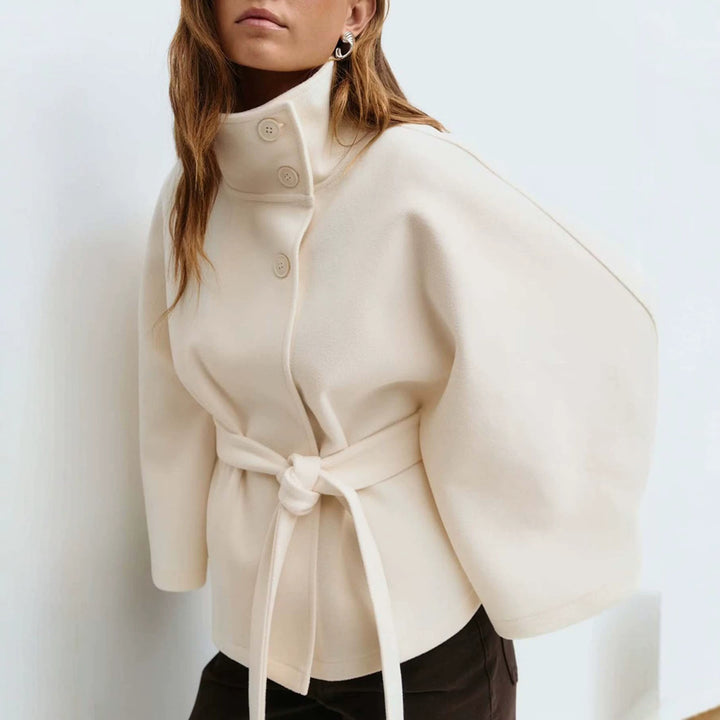 Damen Kurzcape-Mantel mit Stehkragen, Oversize-Ärmeln und Bindegürtel Drune