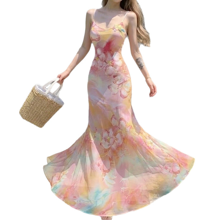 Damen Maxikleid mit floralem Design und Spaghettiträgern Drune