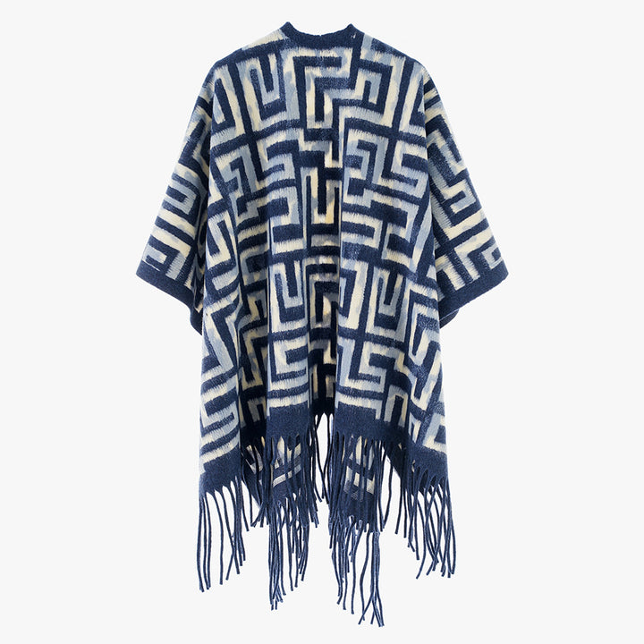 Damen Geometrischer Jacquard-Poncho im Cape‑Stil mit Fransensaum Drune