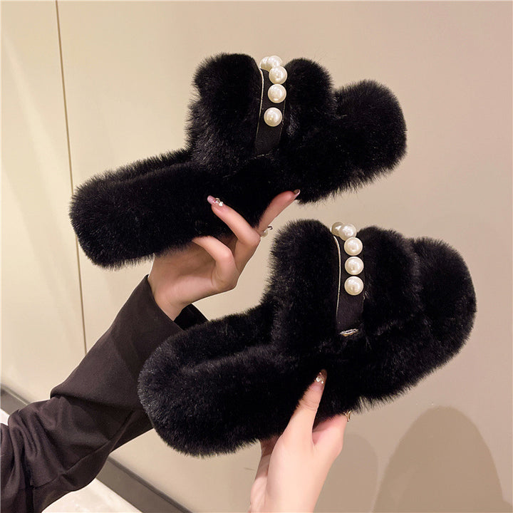 Damen Flauschige Hausschuhe mit eleganten Perlenakzenten Drune