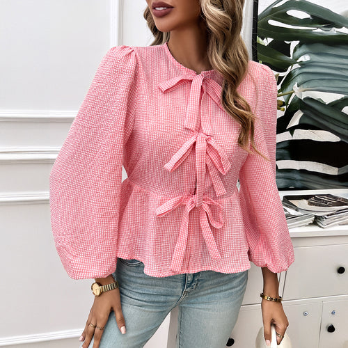 Damen nan geraffte Vichy-Bluse mit dekorativen Schleifenverschlüssen und Ballonärmeln Drune