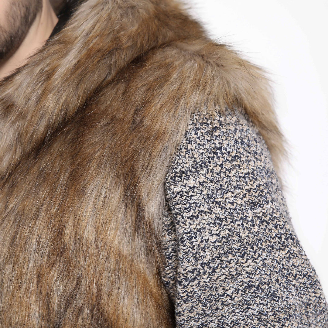 Herren Elegante Kunstpelzjacke mit Kapuze und seitlichen Taschen Drune