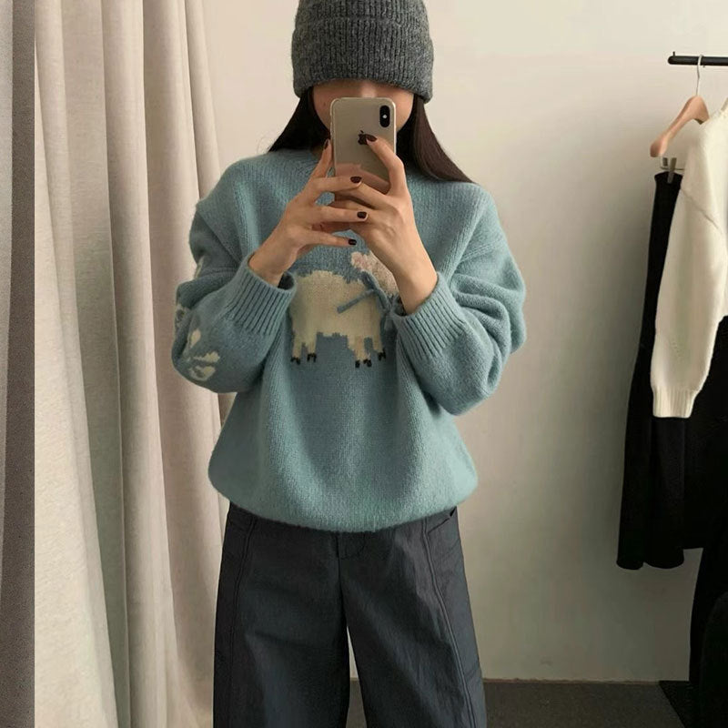 Damen kuscheliger Strickpullover mit aufwendigem Tiermotiv Drune