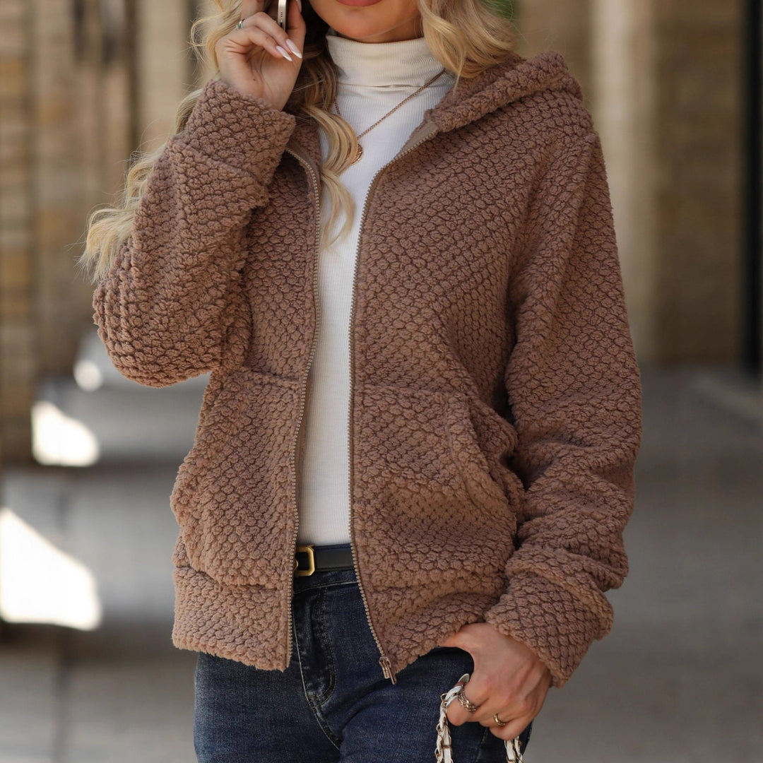 Damen Plüschige Fleecejacke mit Hoodie und Taschen Drune