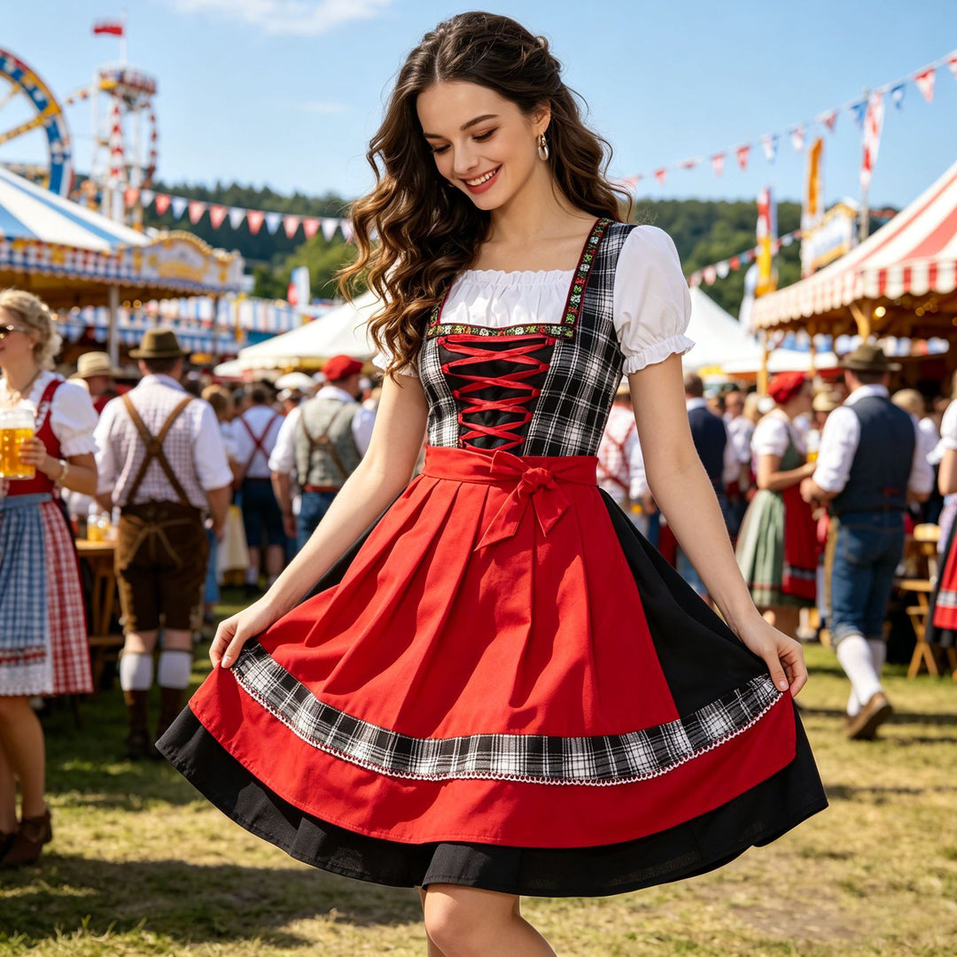 Damen nan traditionelles Trachten-Dirndl mit Schnürleiste, A-Linie Rock und Schleifen-Schürze Drune