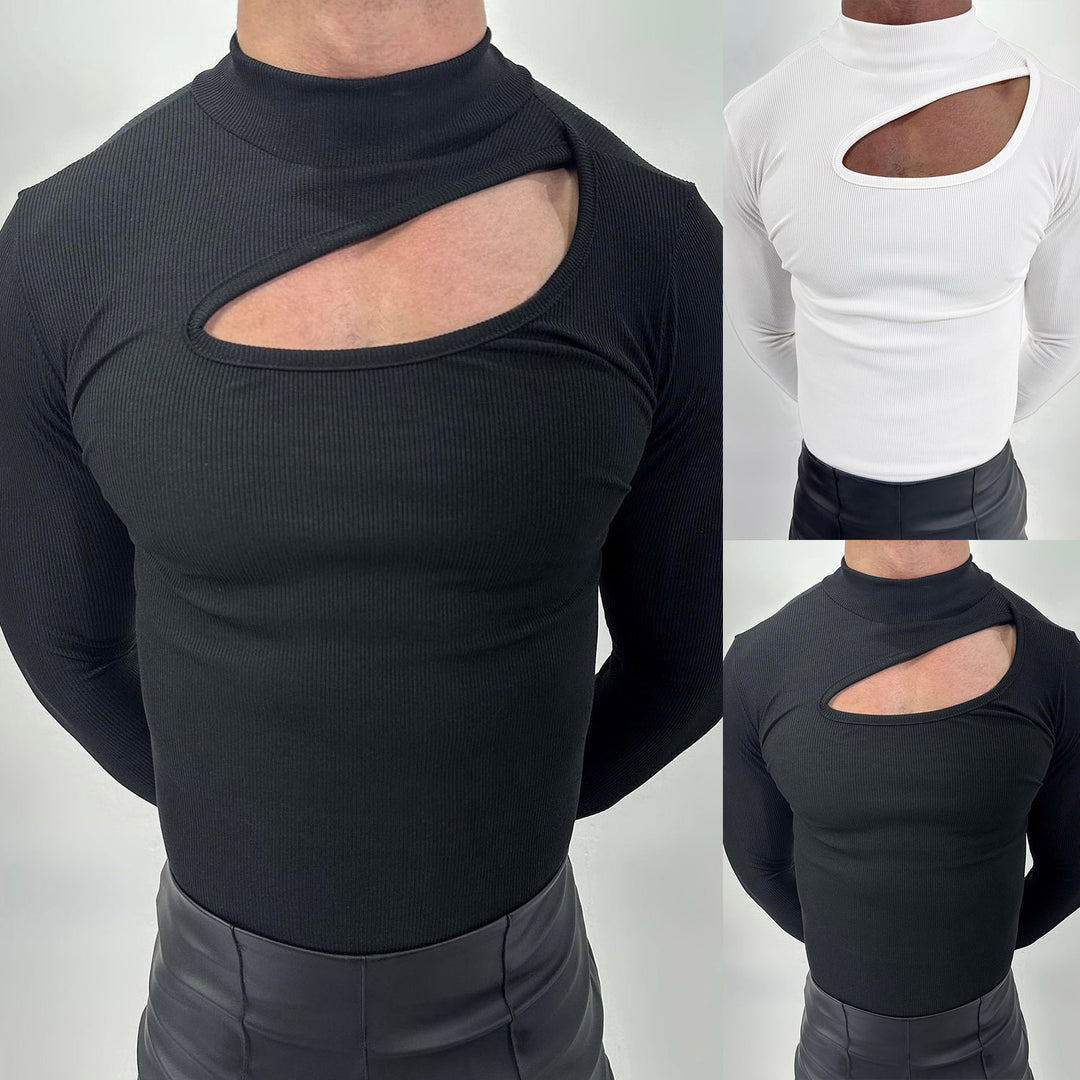 Damen nan eng anliegendes Langarm-Oberteil aus feinem Rippjersey mit asymmetrischem Schulter-Ausschnitt und hohem Kragen Drune
