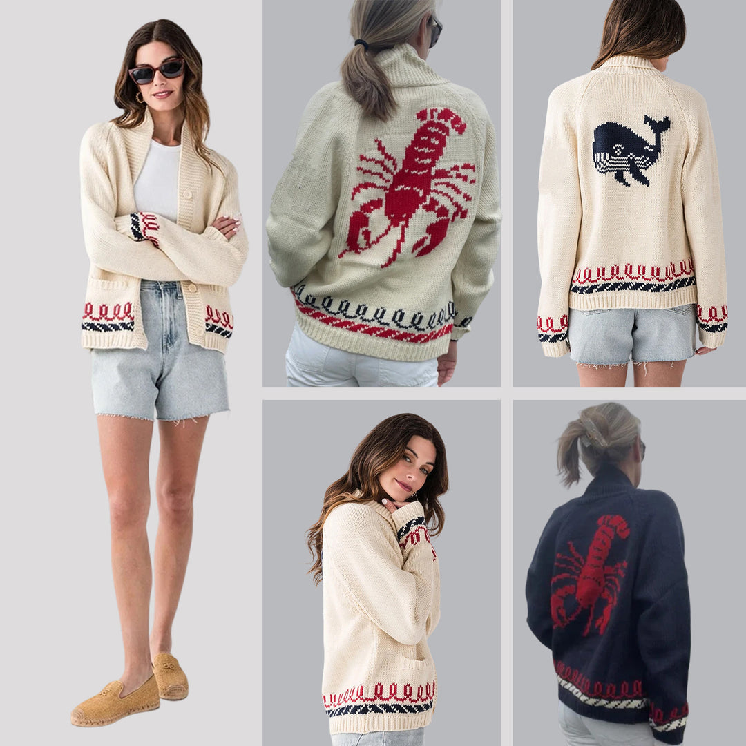 Damen Oversize Strickcardigan mit Walmotiv und nautischer Kontrastbordüre Drune