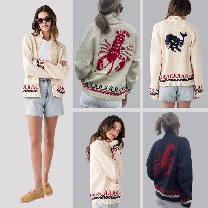 Damen Oversize Strickcardigan mit Walmotiv und nautischer Kontrastbordüre Drune