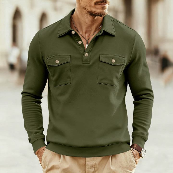 Herren nan figurbetontes Langarm-Poloshirt mit Hemdkragen und aufgesetzten Brustklappen Drune
